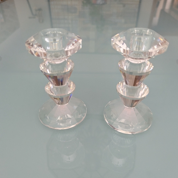 Vintage Simon Designs Lead Crystal Glass Tiered Candlestick Holders - Set of 2 - Picture 5 of 12
